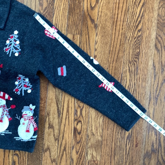 TALBOTS | Snowman Holiday Zippered Cardigan, Charcoal Grey w/ Appliqués | Sz M - Picture 3 of 12